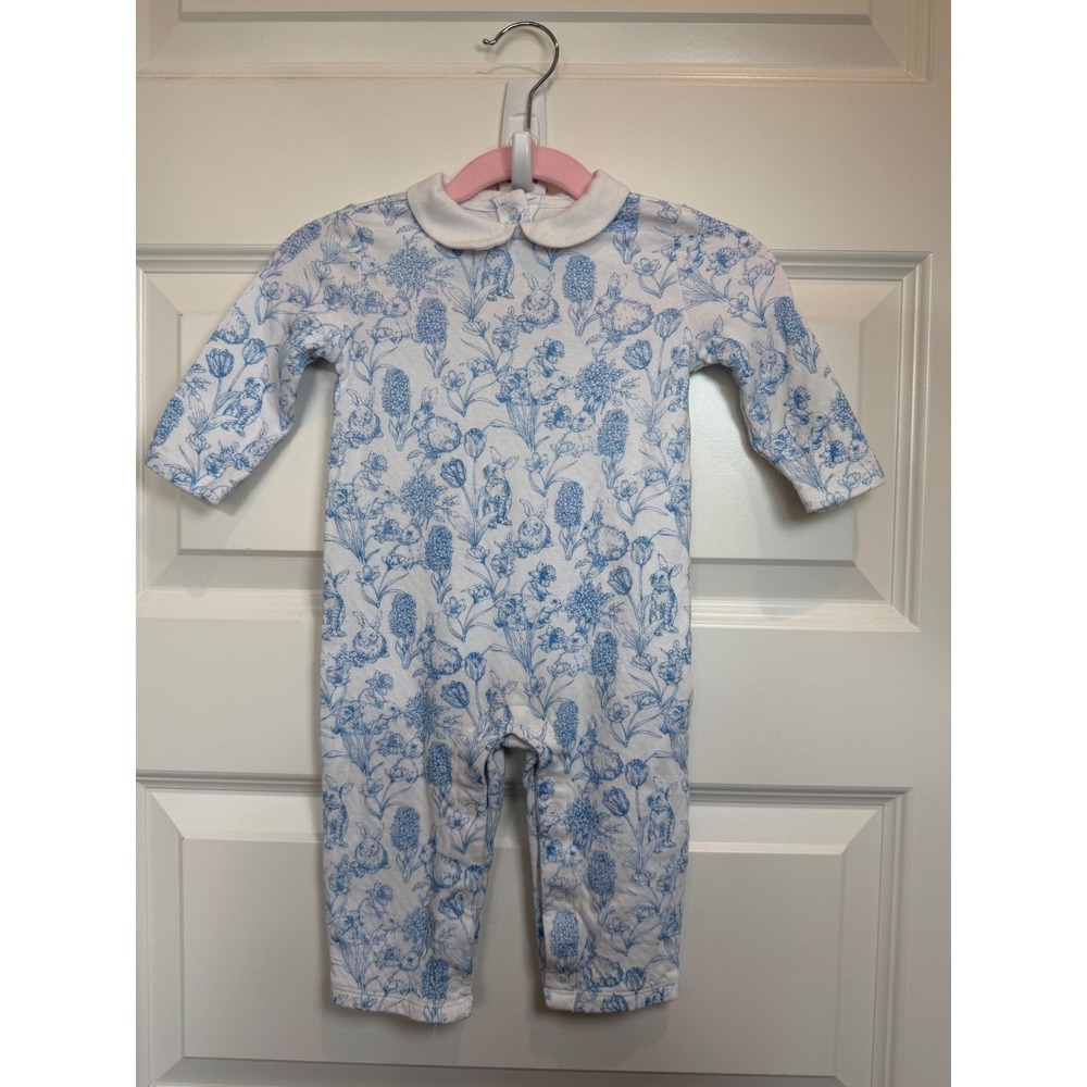 32. Janie and Jack Blue Bunny Toile Peter Pan Collar Romper 6-12M Long Sleeve